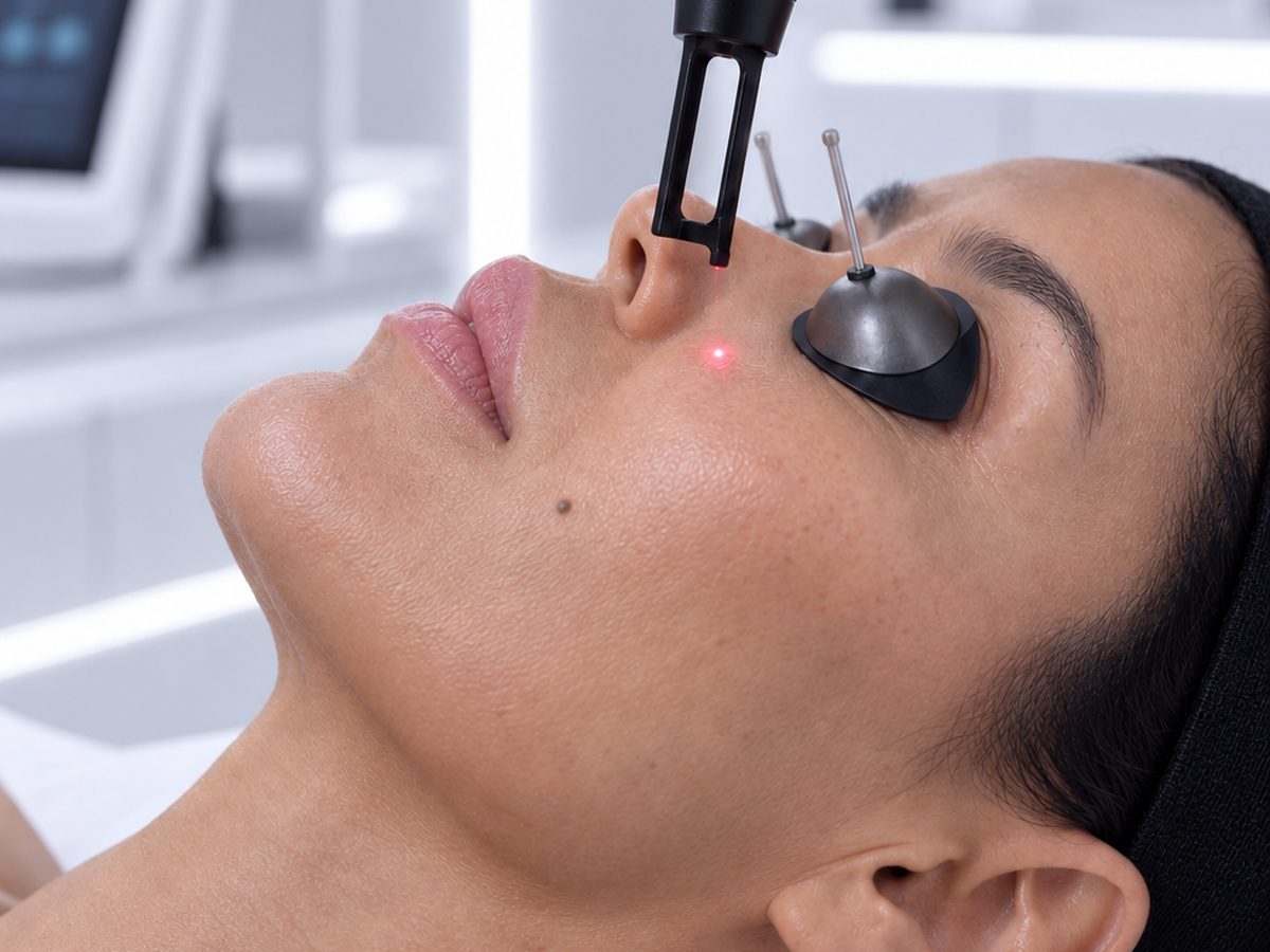 Patient wearing protective eyewear during an in-office laser treatment